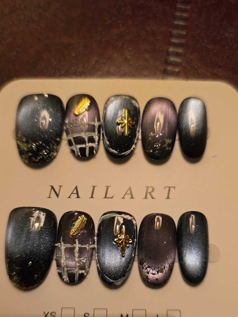 Blue & Purple Metallic Press-On Nail Set with Gold Accents Size Large